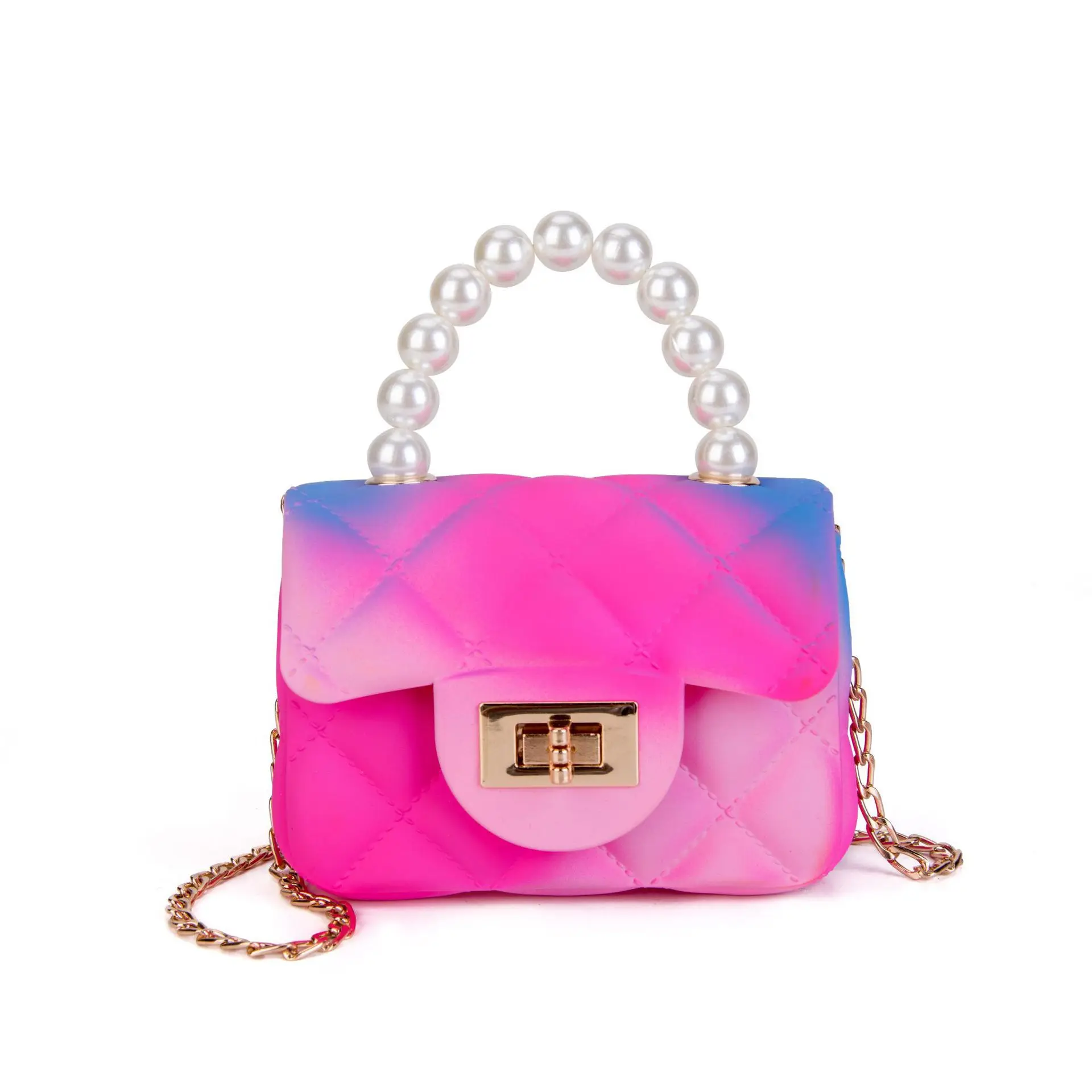 

Wholesale Gradient Rainbow PVC Mini Women Handbag Crossbody Shoulder Bag Lipstick Bag Pearl Handle Kids Purse Jelly Bag, 8 colors available