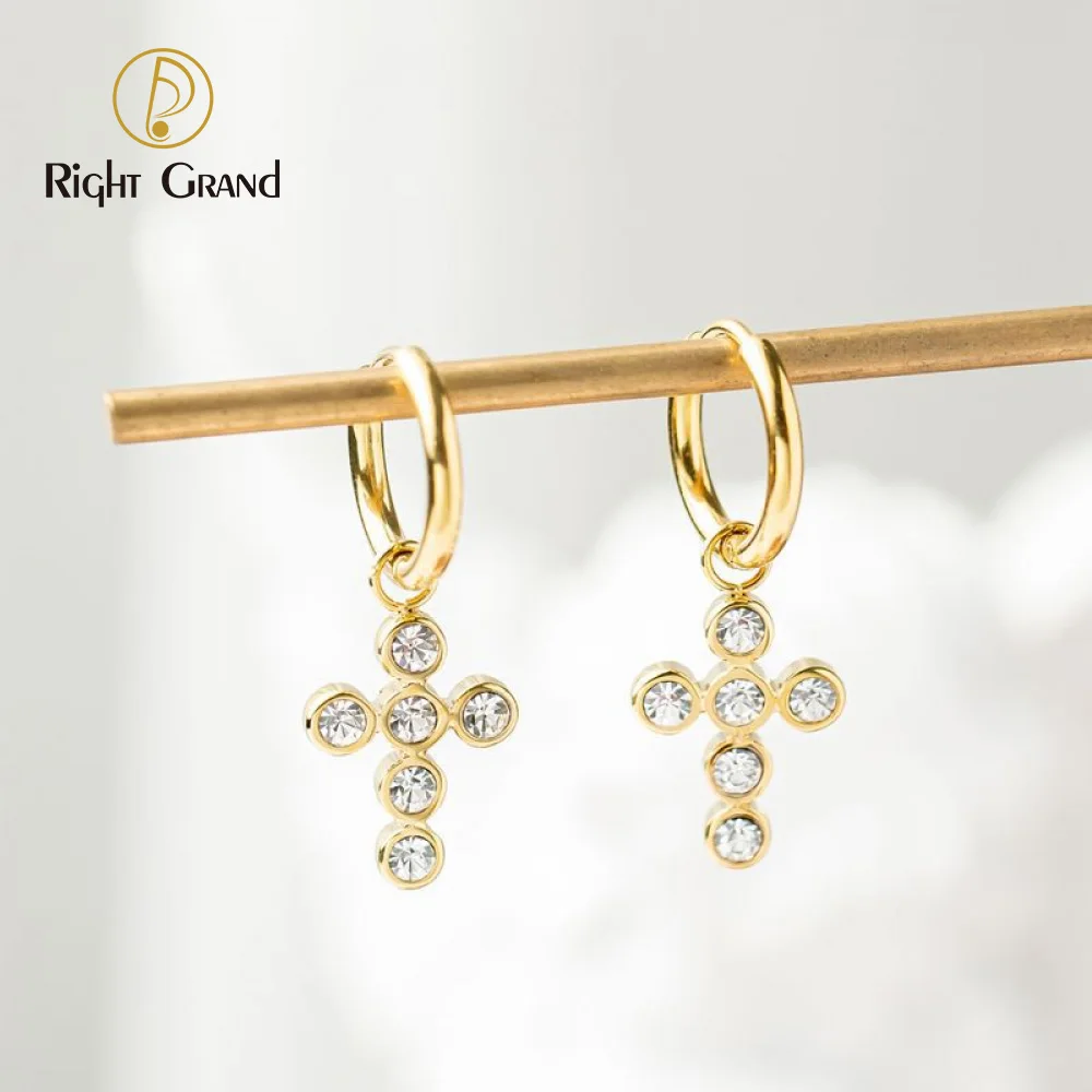 Classic 14K Gold Plated Stainless Steel Earrings Jewelry Women Luxury Round Zircon Cross Dangle Huggie Earrings