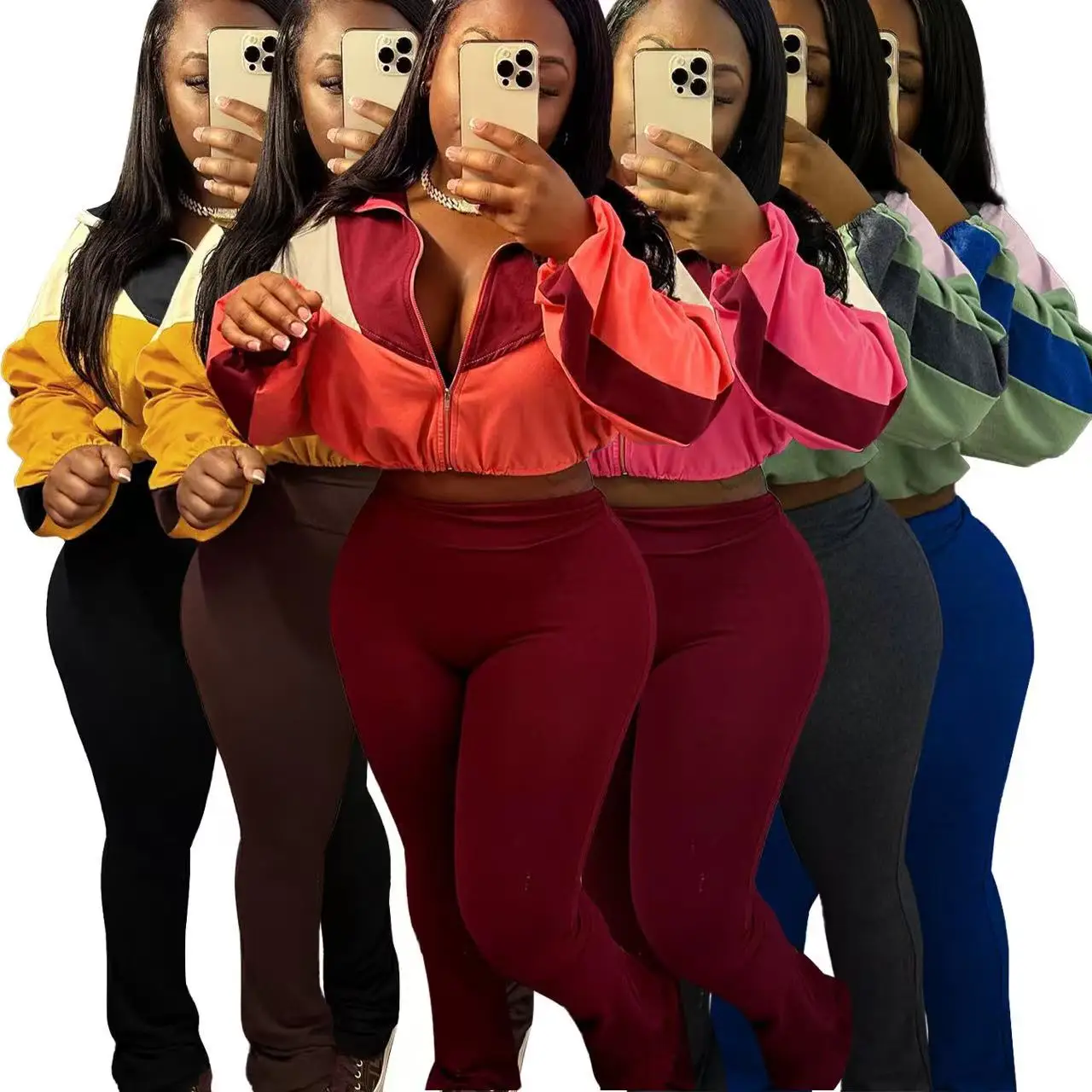 Polyester Zip up Crop Top Jacket and Straight Leg Pants Two Pieces Set Tracksuit Athleisure Wear Sportswear Fall Clothing Spring