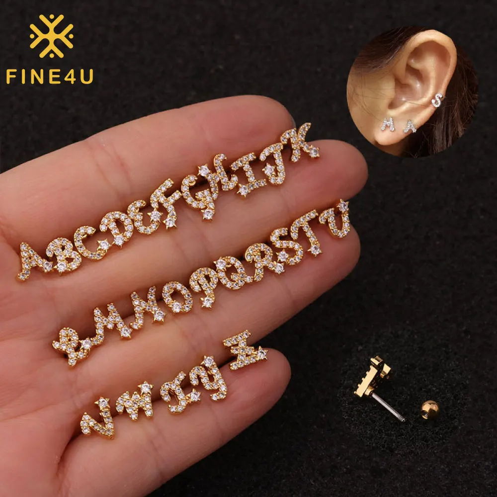 

Cartilage Earrings Piercing Cubic Zirconia Stainless Steel Screw Small Initial Alphabet Letter Stud Earrings Set