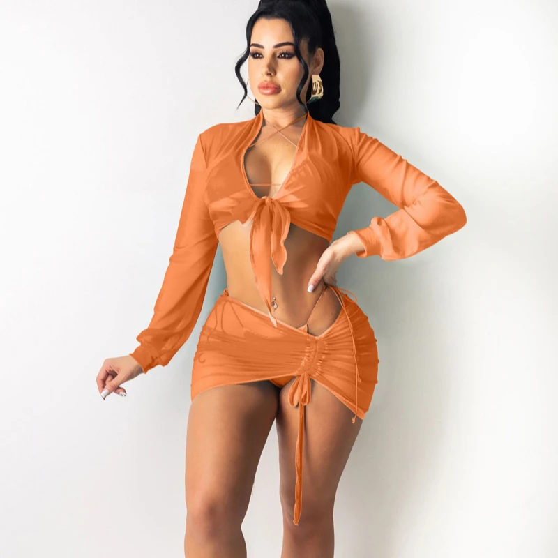 

Summer Gauze Long Sleeve Two Piece Women Crop Top Skirt Set Front Tied Blouse With Skirt -CY, Multi colors