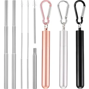 Image of 3 Packs Rose Gold Portable Reusable Drinking Straws Telescopic Stainless Steel Metal Straw with Carrying Case and Keychain