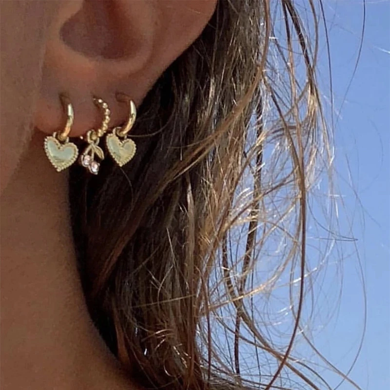 

4Pcs/Set Love Heart Gold Small Hoop Earrings Cherry Rhinestone Earrings for Women Cute Romantic Earrings
