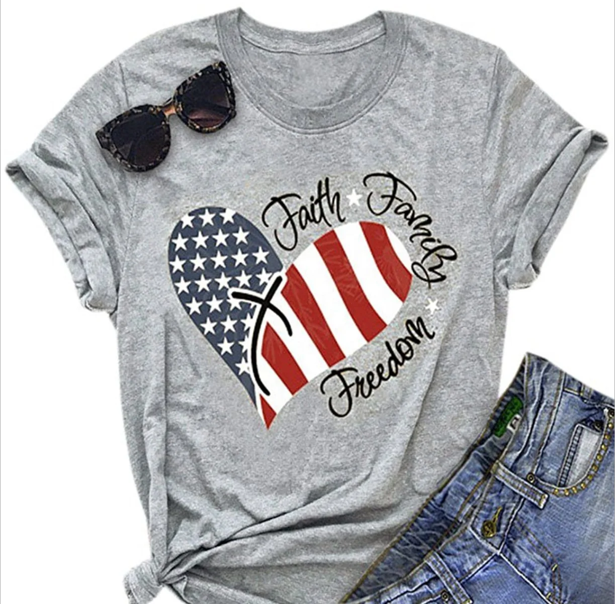 

Womens American Flag Print T-Shirt 4th of July Patriotic Shirt Casual Stars Stripes Print Tops Tees