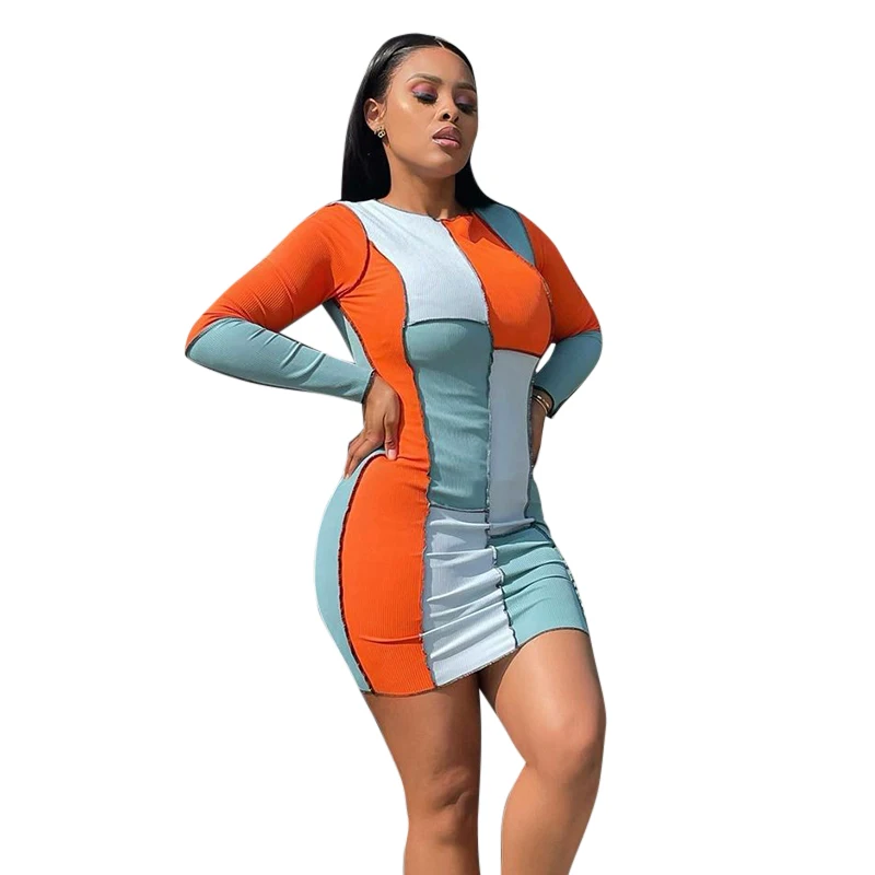 

2021 Autumn New Splicing Contrast Color Irregular Casual Women Dress Long-sleeved Hip Kinny Mini Dresses Streetwear, Customized color