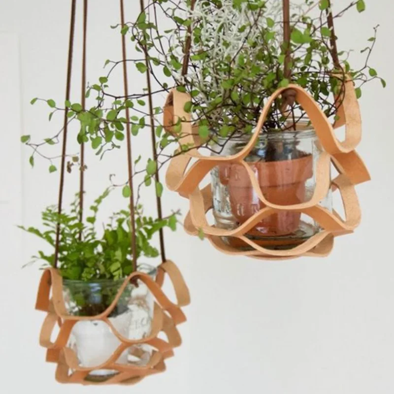 

Leather Plant Hanger Macrame Wall Hanging Planter Shelf Decorative Flower Pot Holder Boho Home Decor for Small Plants