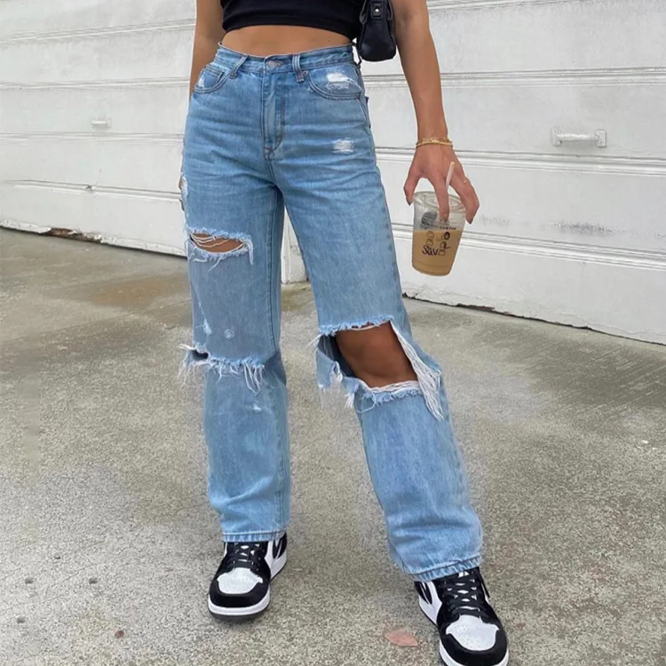 

Wholesale hot-selling women's jeans with ripped holes solid color casual women's jeans, Picture color