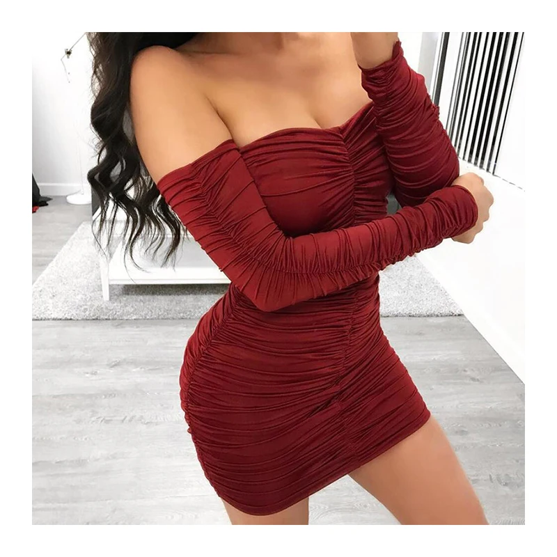 

2021 autumn and winter fashion women's solid color stitching one-way neck high waist pullover long sleeve sexy tube top dress