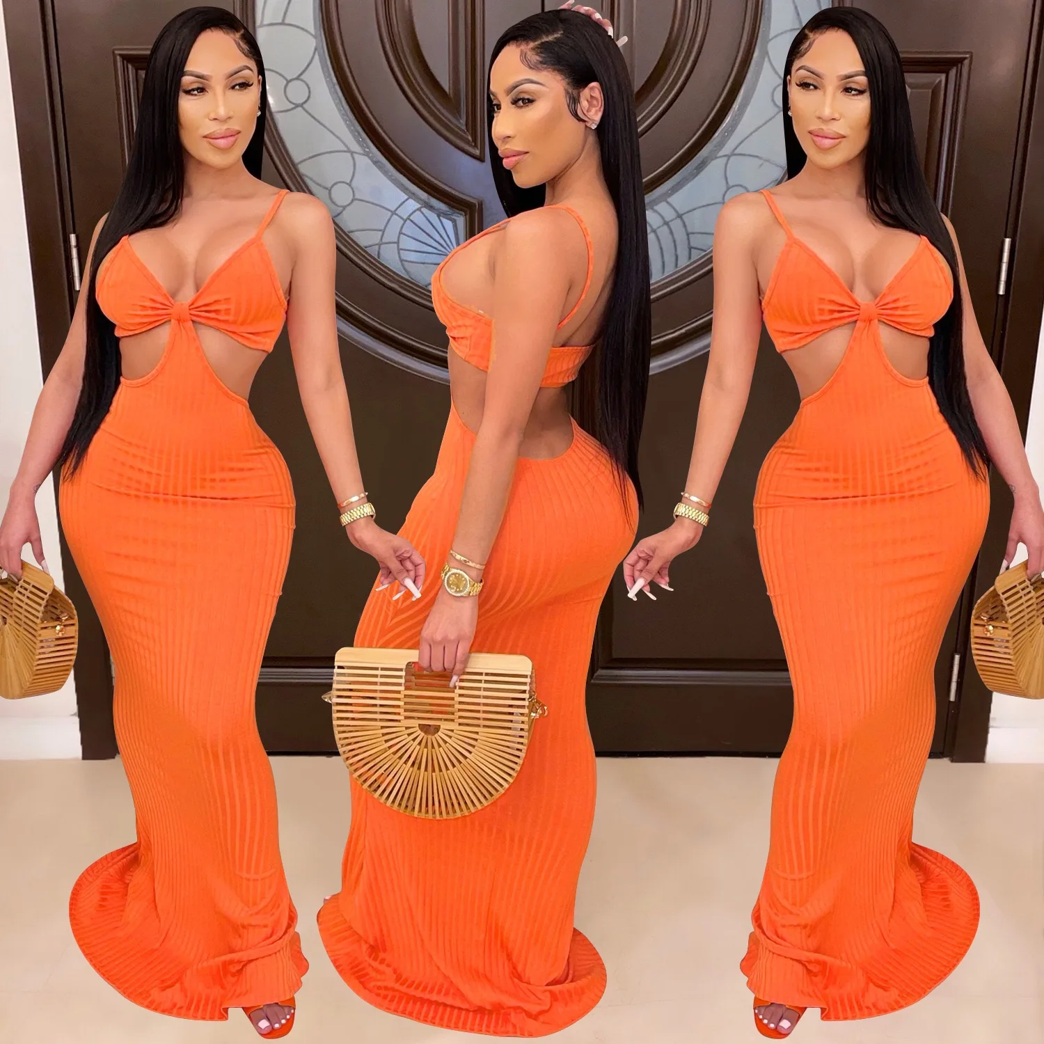 

Vacation Sexy Cut Out Backless Maxi Dress Women Outfits 2021 Summer Beach Solid Color Knitted Bodycon Dress, Blue,orange
