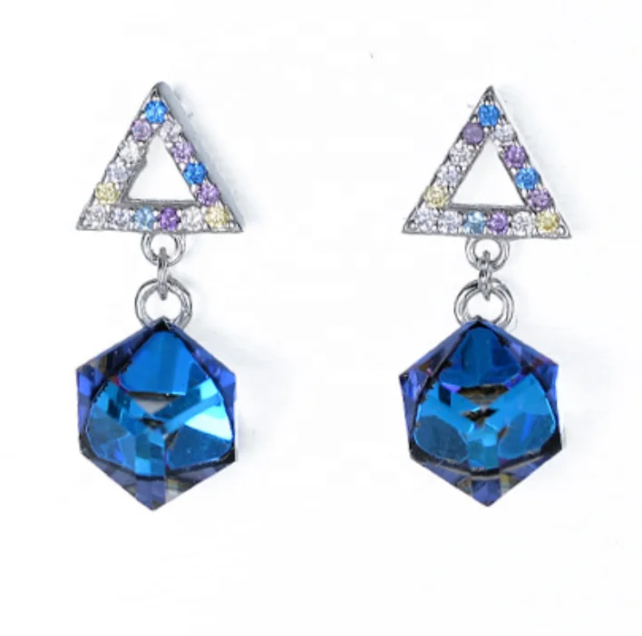 

Fashionable and beautiful Jewelry 925 Sterling Silver Rhombic Diamond Blue Crystal Earrings, Silver+blue