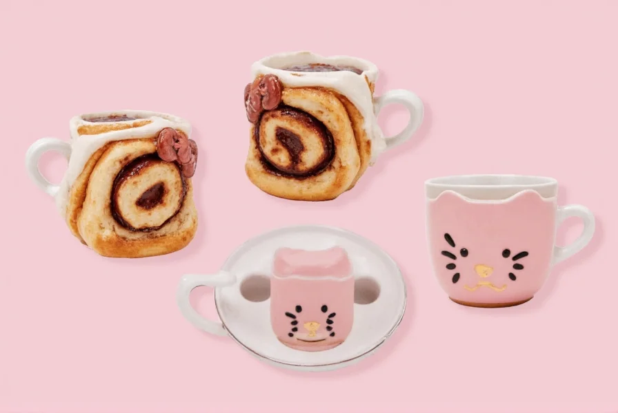 Photorealistic ceramic mug shaped like a cinnamon roll with Hello Kitty face formed in the swirl, warm brown and cream colors, on wooden table with coffee steam rising
