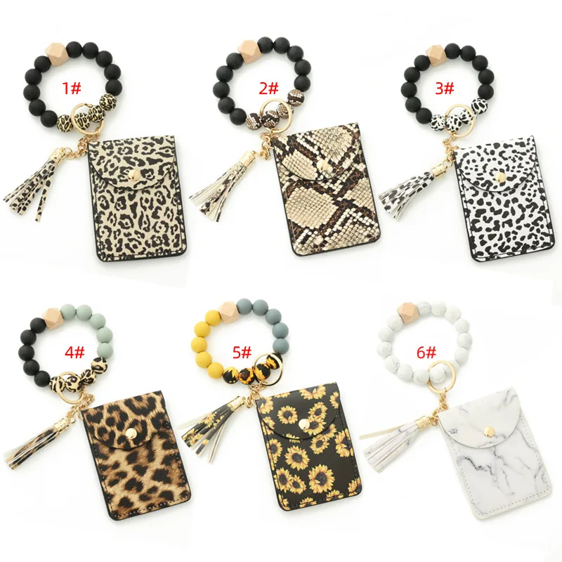 

2022 Pu leather cards holder key ring wristlet keychain wood silicon beads bracelet tassel bangle cards holder wallet for women, Candy colors and leopard colors