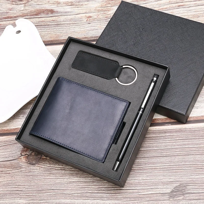 

High quality vintage cowhide wallet genuine leather men's custom wallet set RFID purse gift set, Black brown