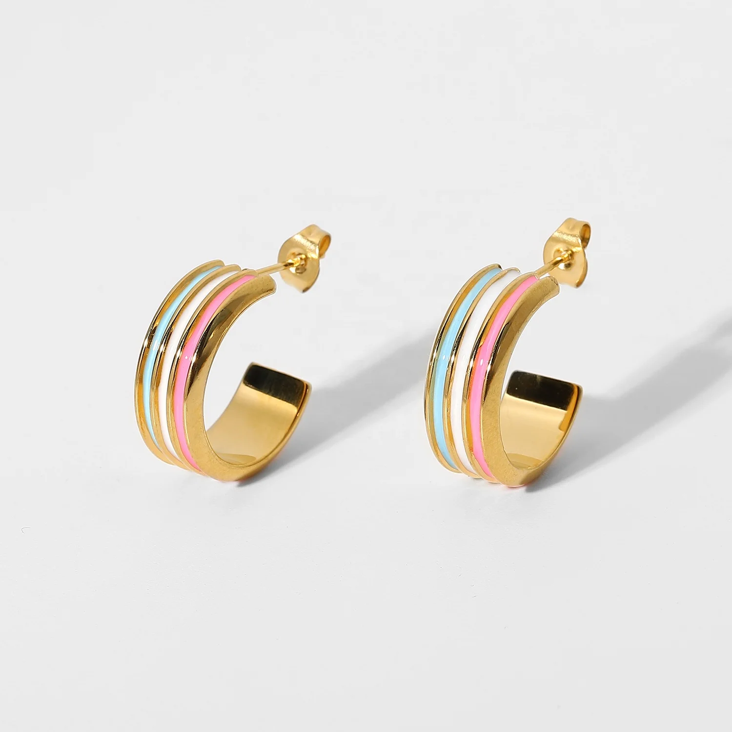 

2021 Summer Three Layer 18K Gold Plated Stainless Steel CC Shape Earrings Jewelry Enamel Colorful Earrings