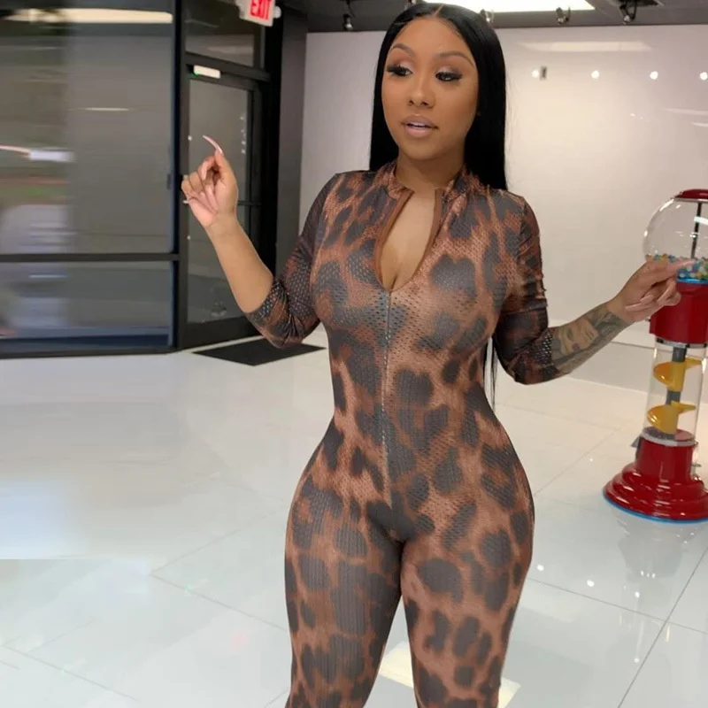 

Women sportswear Leopard long sleeve sexy one piece bodycon jumpsuit dropshipping