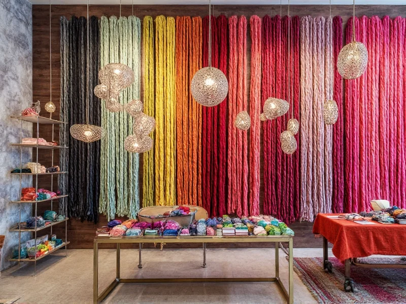 Colorful yarn wall and fabric displays in store