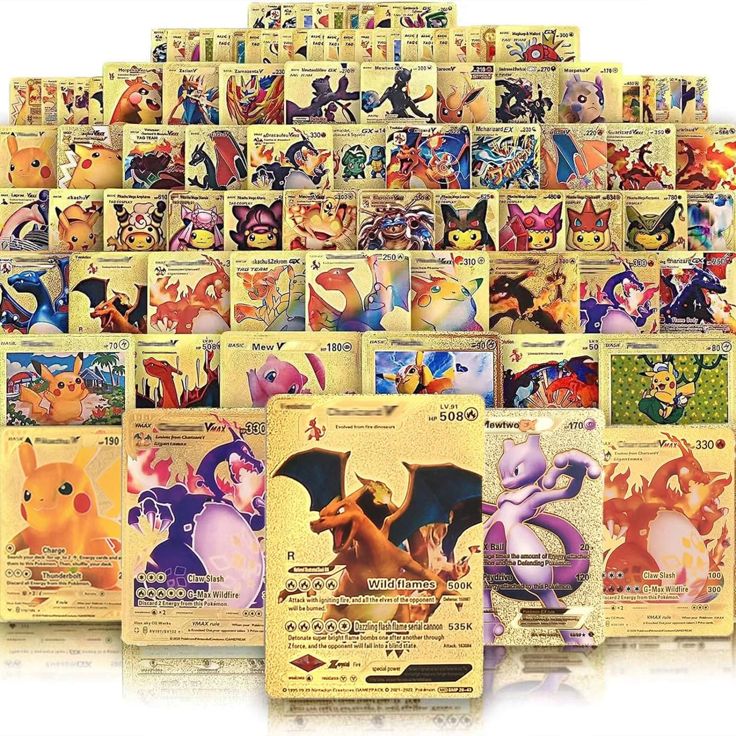 

55 Sheets No-Repeat Anime Pokeman Pikachu Booster Box Tcg Card Plastic Gold Foil Plated Cards