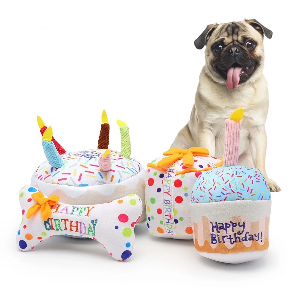 

Custom Cat & Dog Birthday Toy Cake Puppy Squeaky Chew Plush Toy with Candles for for pet gifts