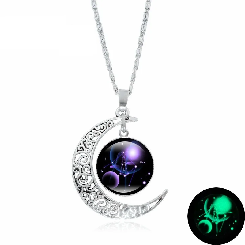 

Q835 Horoscope Zodiac 12 Astrology Galaxy & Crescent Moon Glass Bead Pendant Necklaces, 12 color