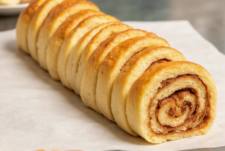Perfectly sliced cinnamon roll dough log showing even layers of brown butter filling