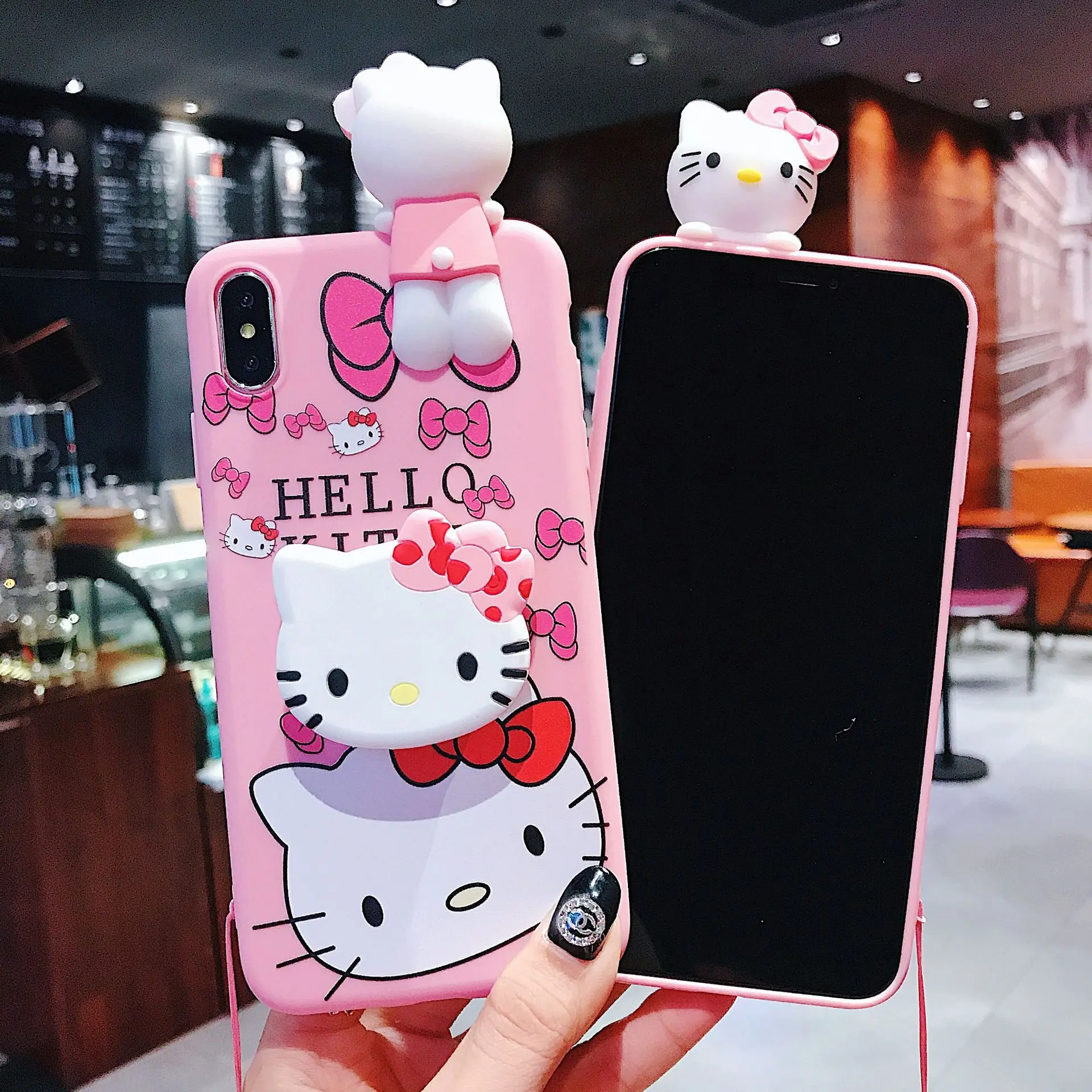 

new products for apple iphone 12 cute doll cartoon hello kitty silicone cell phone case and bracket 11 pro max with strap 7plus, Pink