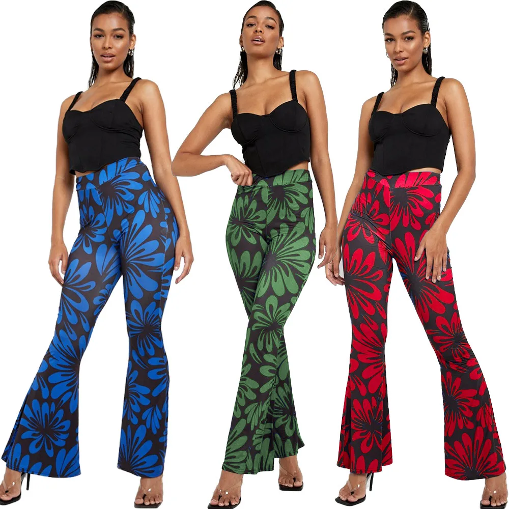 

New Fall Arrivals For Women Cargo Trousers Elegant Fashion Floral Printed High Waist Bell Bottomed Pants, Picture color