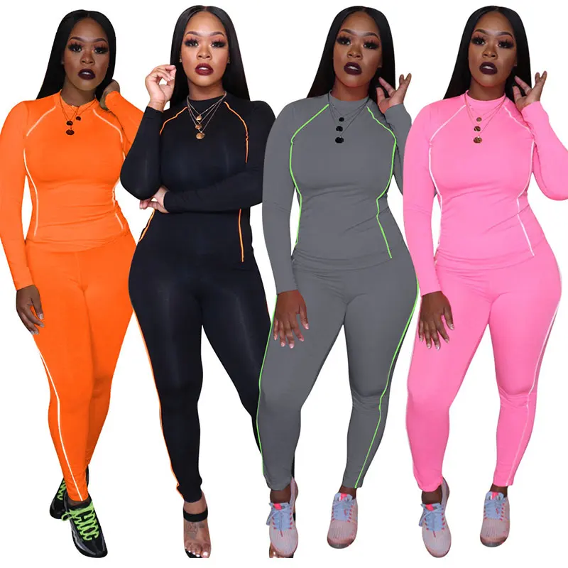 

2020 New Casual Long Sleeve Women Bodycon Pants 2 Piece Set Women, Orange, black, hot pink, gray