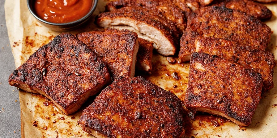 Close-up of smoked ribs with crust
