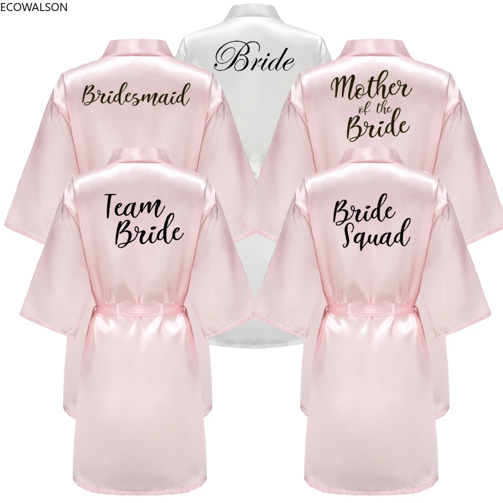 

New Pink Wedding Team Bride Squad Maid of Honor Robe Bridal Party Satin Dressing Gowns For Women Black Letter Writing Bathrobe