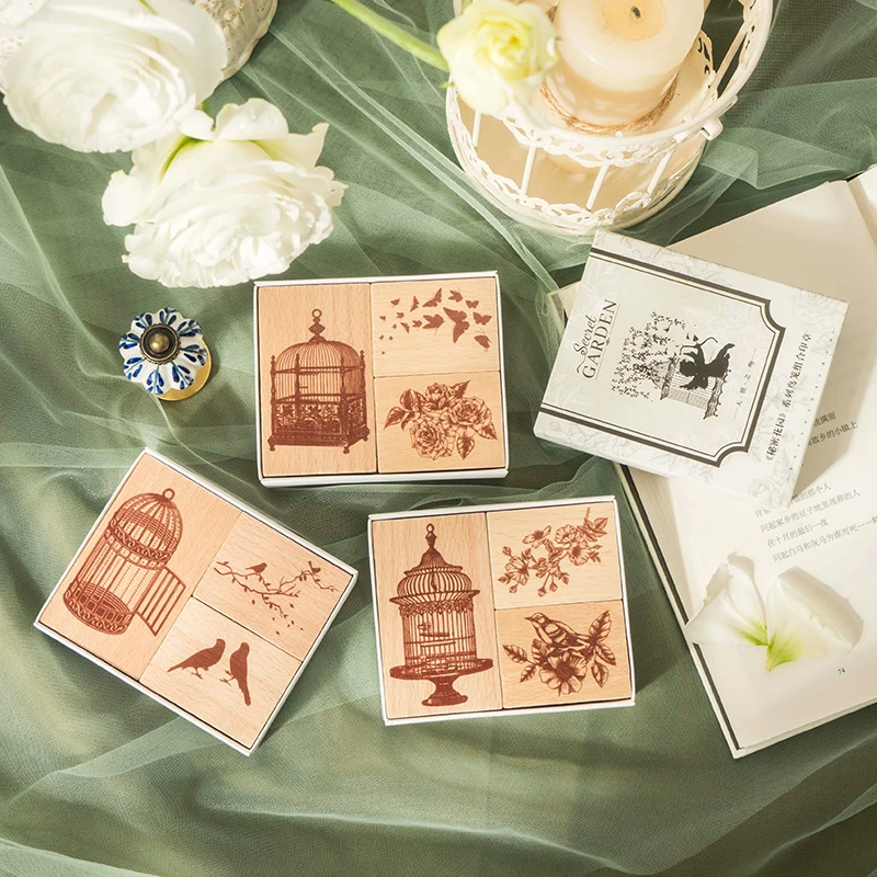 

4 designs / 3 pcs wooden stamp birdcage flower bird garden decoration stationery stamp for for Diary Scrap Book kid JIUMO
