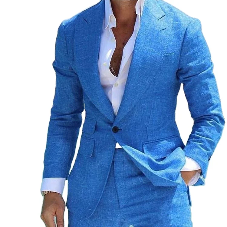 

Blue Linen Peaked Lapel One Button Wedding Tuxedos Summer Beach Costume Groom Wear Formal Best Man Blazer Suits (Jacket+Pants), Custom made