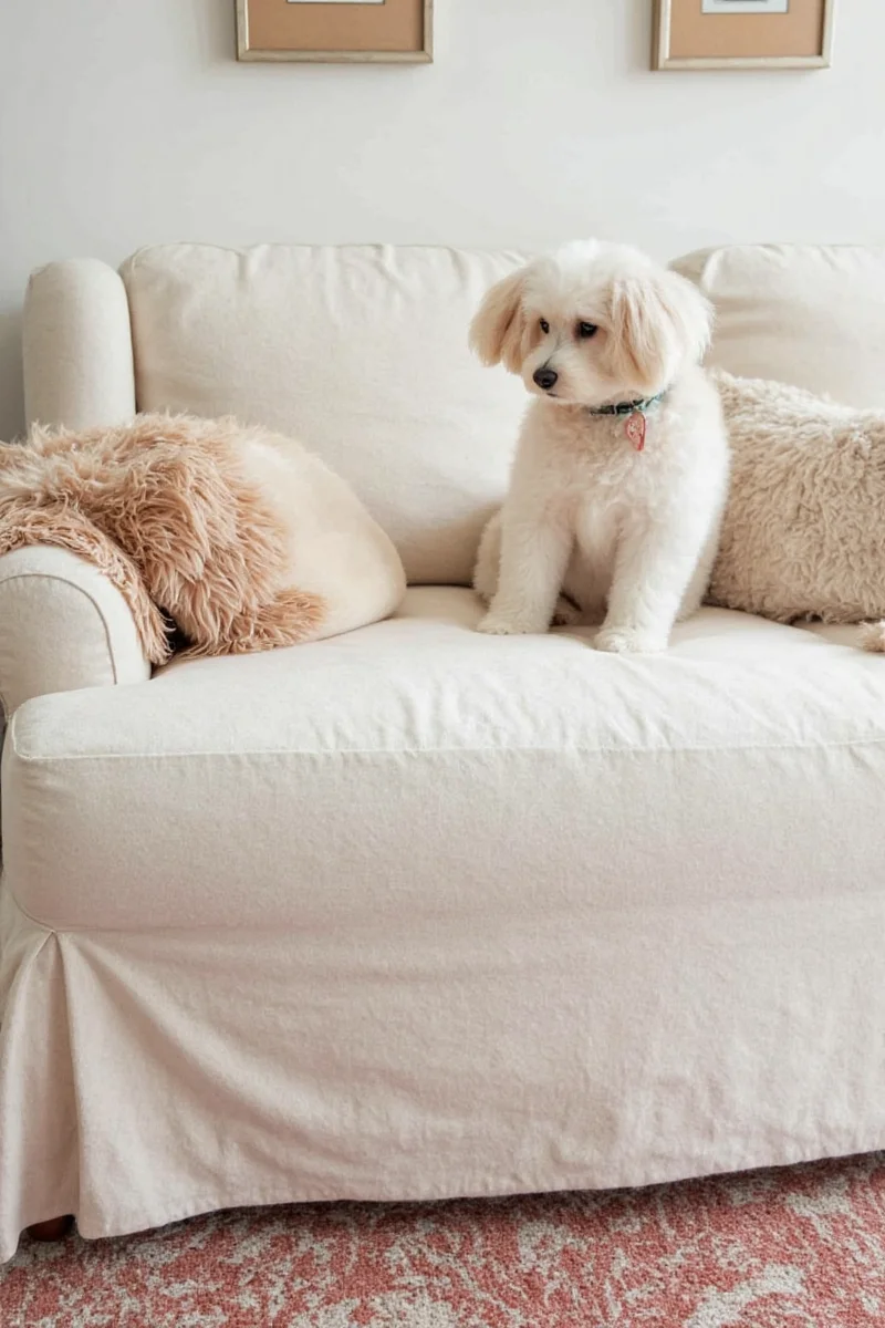 Golden retriever lounging beside its smiling owner on a pet slipcovered sofa in a sunny living room setting.