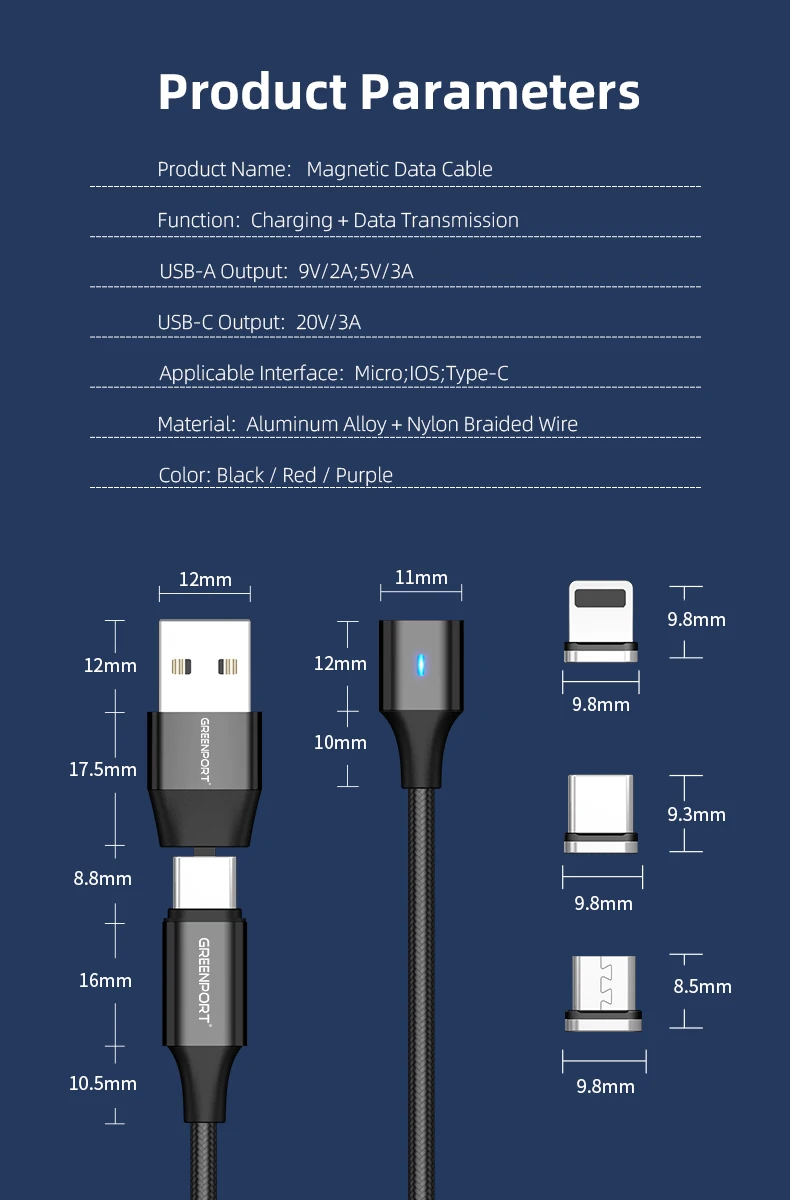 Magnetic Charging Cable C to 3 PD 60W Magnetic Phone Charger Nylon Braided Magnetic cable Compatible Micro USB Type C - ANKUX.COM
