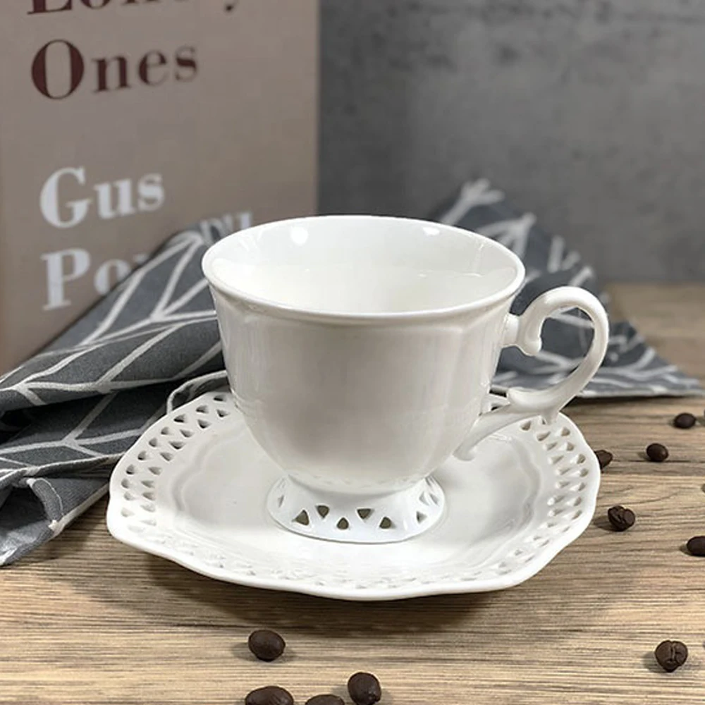 

Afternoon Tea set Cup European Vintage Retro Carved Porcelain White Small Coffee Cups with Saucer