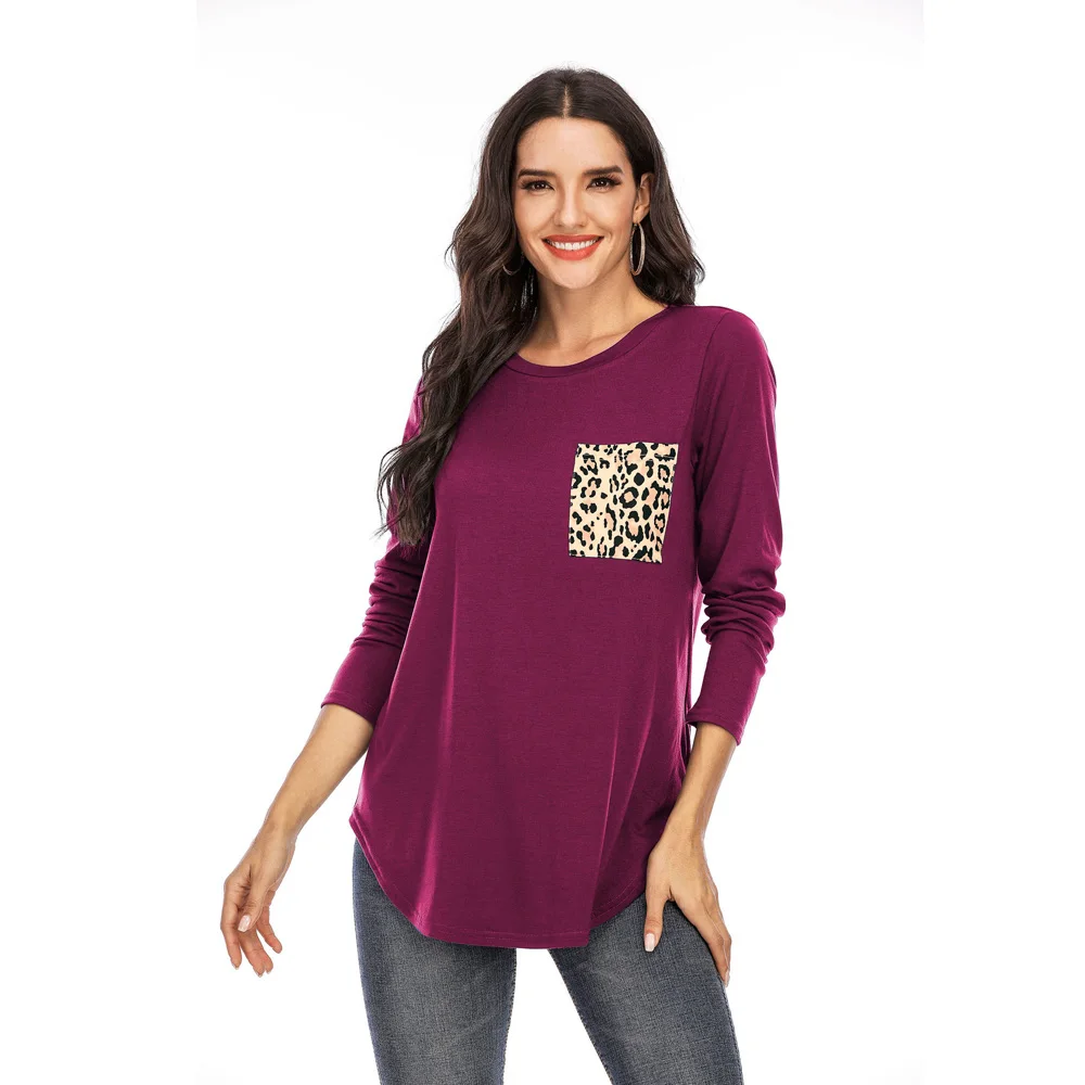 

Soft Leopard Base Shirt Solid Round Neck Long Sleeves Shirt with Leopard Pocket in front DOMIL106