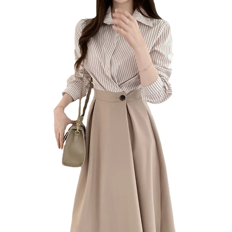 Wholesale 2026 Autumn Elegant Temperament Polo Collar Contrast Panel Shirt Fake Two Piece One Button Waist Women's Dress