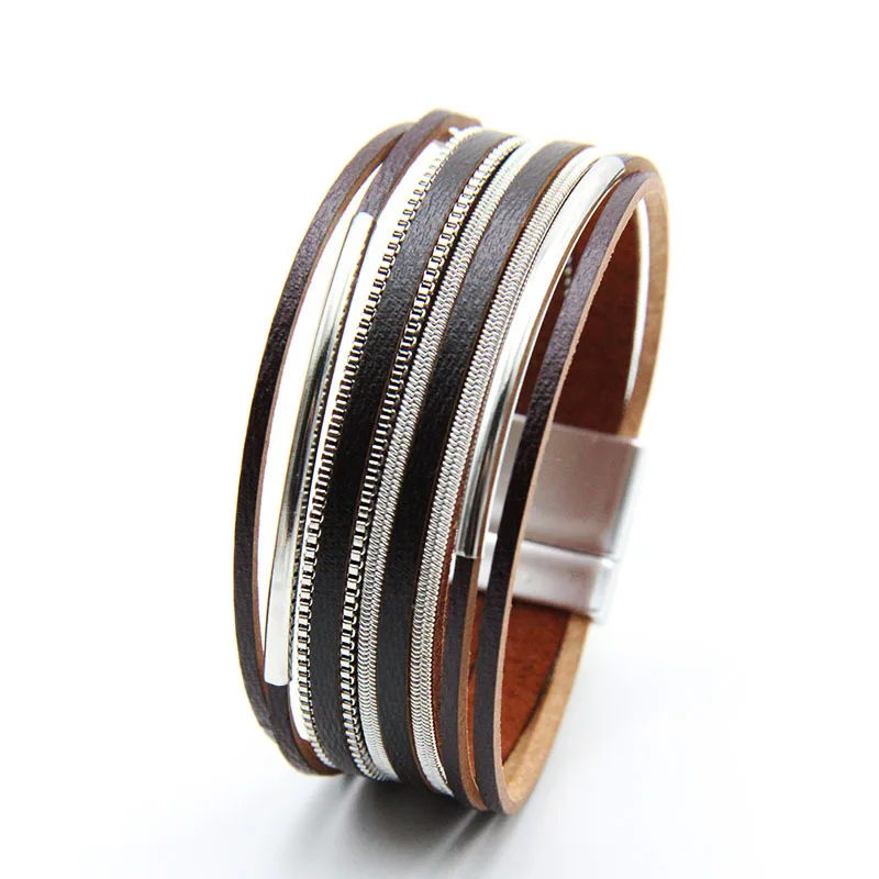 

Top Sale Multi Layers Genuine Leather Wrap Bracelet Stackable Magnetic Buckle Leather Bracelet For Women Men