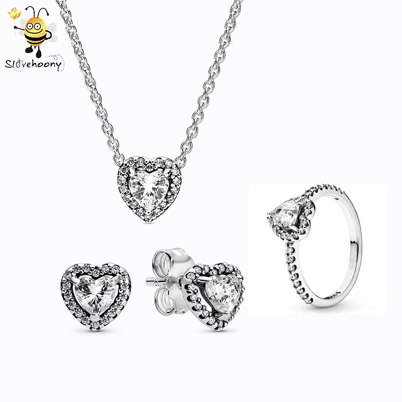 

2020 New Model 925 Sterling Silver Jewelry Set Heart Necklace Ring Stud Earrings Love Gift For Her