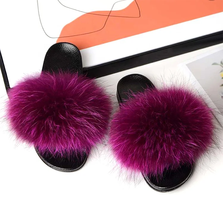 

Factory direct wholesale real fur fux fur slides raccoon fur slides, Customized