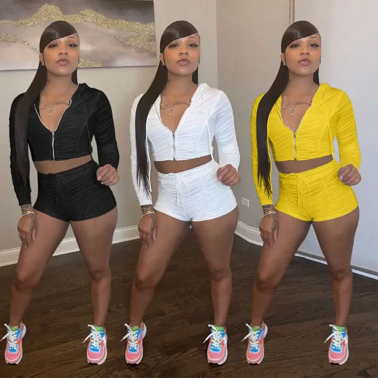 

M5448 - top and shorts fashion casual long sleeve stacked hooded women short pants two piece set