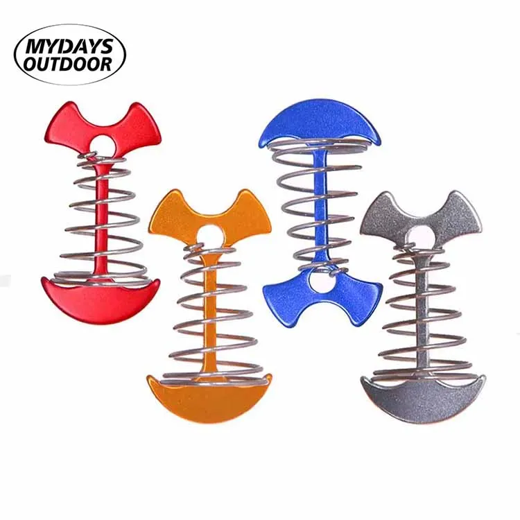 

Mydays Outdoor Plank Board Windproof Aluminum Spring Deck Nail Anchor Cord Adjuster Fishbone Tent Stakes Pegs with Carabiners