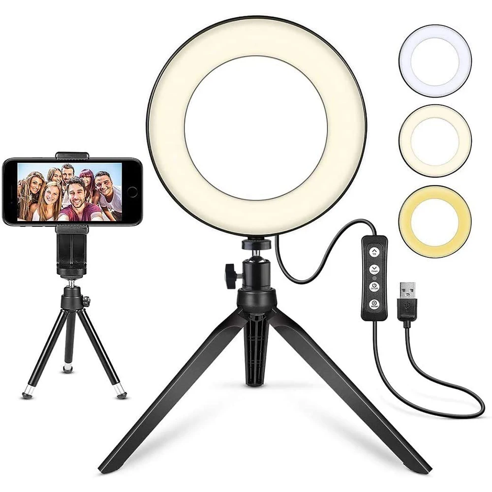 

2021 New Sale 6 Inch Ring Selfie Light With 2 Desktop Tripods Phone Holder, Black