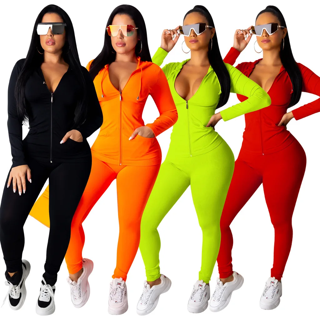 

Hot Sale Autumn Ladies Casual Zipper Sportswear Slim Sexy Hooded Two-piece Sets