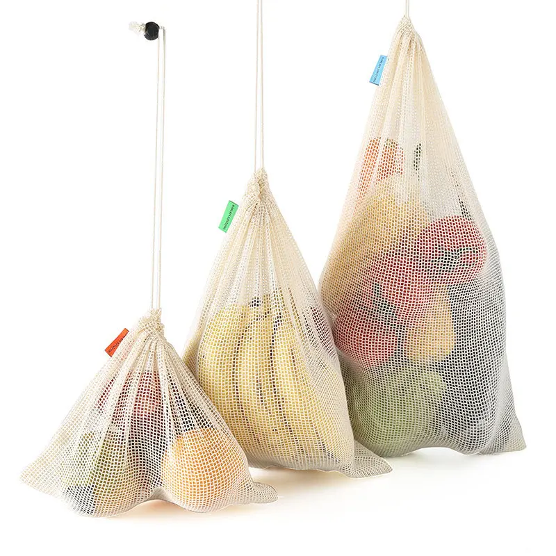 

3 Size Small Pouch Eco Friendly Packaging Organic Drawstring Cotton Rope Mesh Produce Bag, Natural white