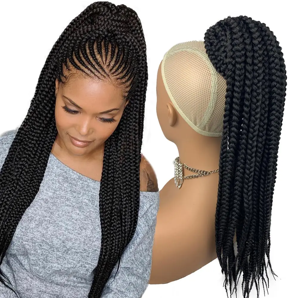 

Long 3X Box Braids Ponytail Hairpiece Clip in Braiding Synthetic Ponytail Crochet Braided Drawstring Ponytail Hair Extensions