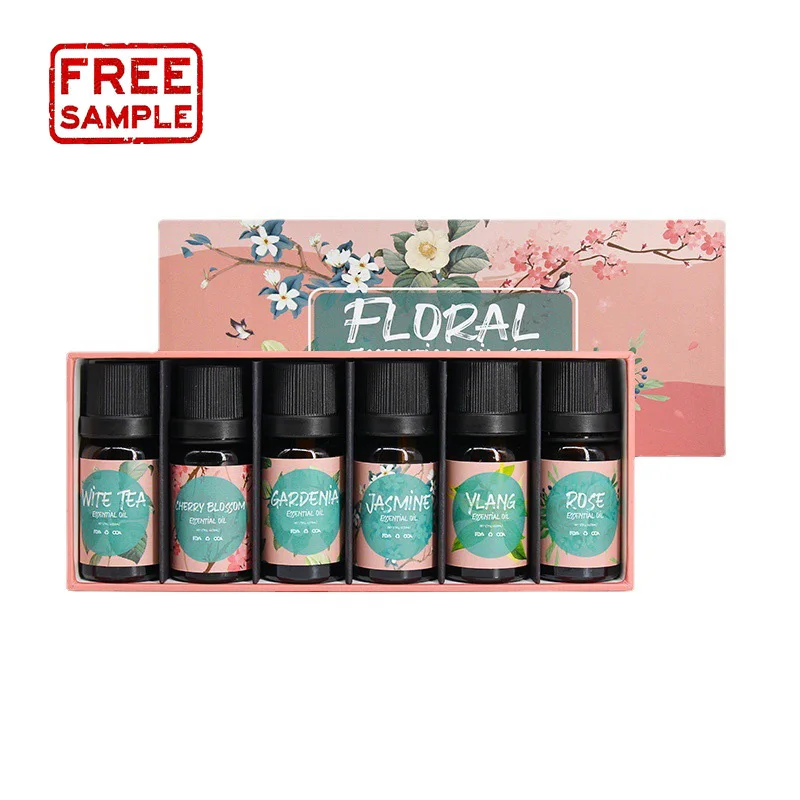 

Free Sample OEM/ODM 10ml 6 pcs Natural 100% Pure Essential Oil Gift Set White Tea Difuser Essential Oils