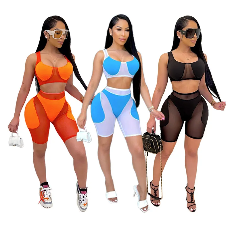 

2021 Trendy Women Clothing Summer 2 Two Piece Pants Set Sportswear Biker Short Set Mesh Patchwork Jogging Suits Womens