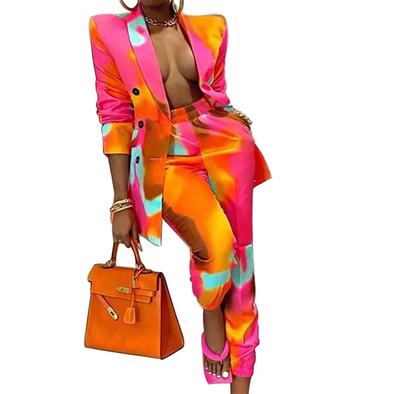 

New Arrival Tie Dye Leopard Print Office Suits Long Sleeve Blazer And Pants 2 Piece Set For Women, 3 option