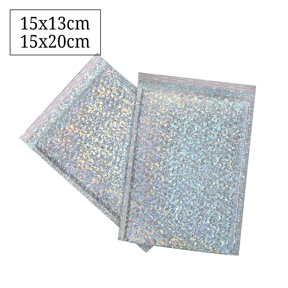 
Custom Logo Printing Small Holographic Shipping Mailing Bags Decorative Rainbow Metallic Foil Holographic Bubble Mailers 