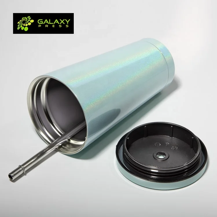 

450ml Sublimation Insulated Stainless Steel Rainbow Glitter Magic Tumbler with Straw and Lid for Gift Double Vacuum Coffee Mug, White, purple, green